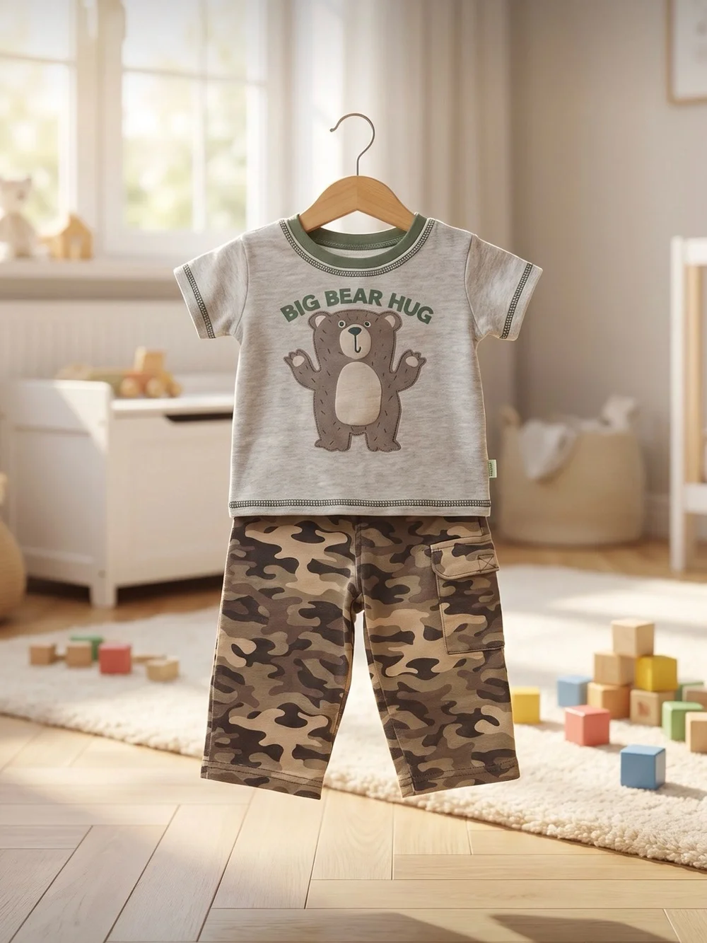 Kids 'Big Bear Hug' Gray Tee & Camo pants  Pajama Set